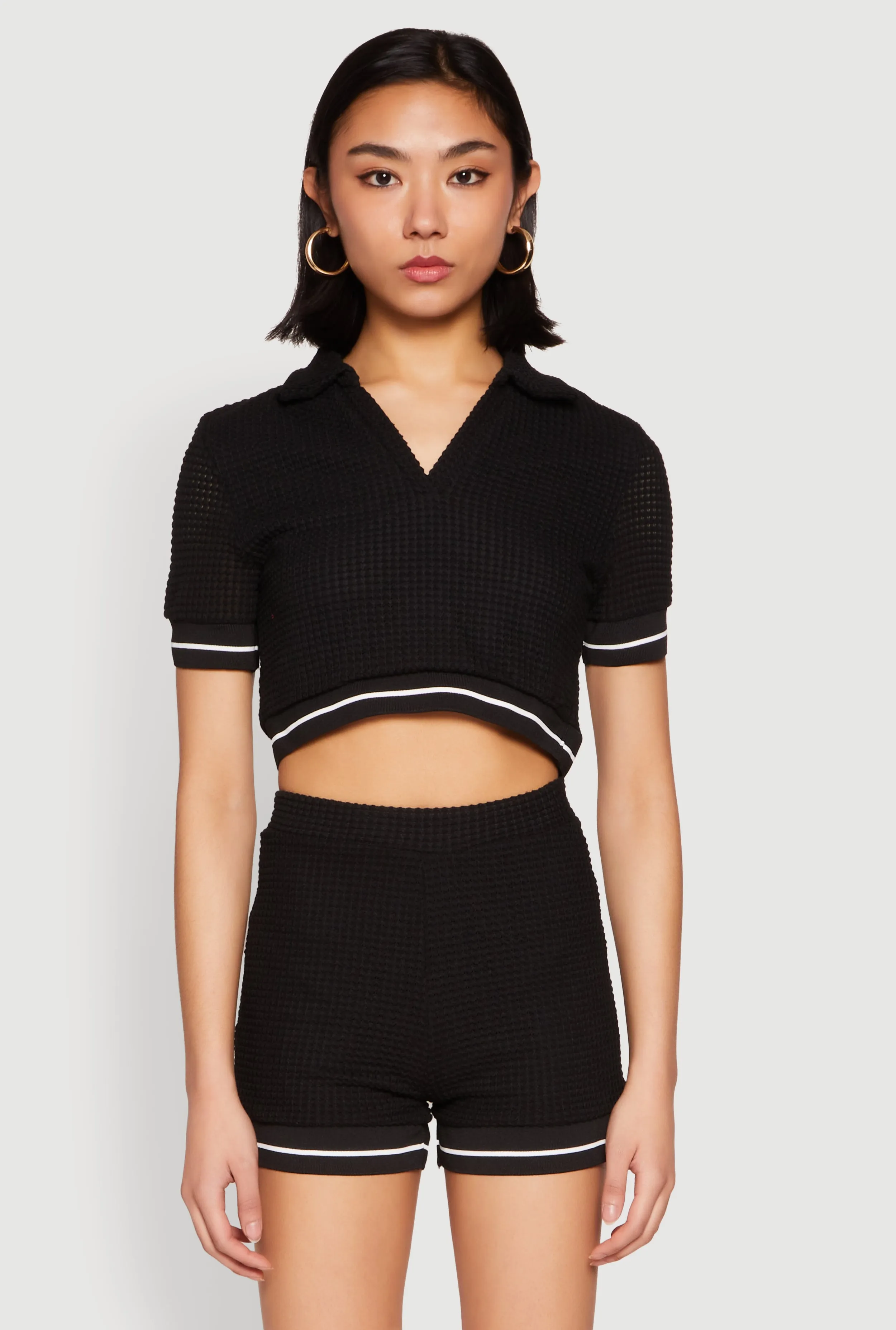 Textured Knit Polo Crop Top sold by Rainbow