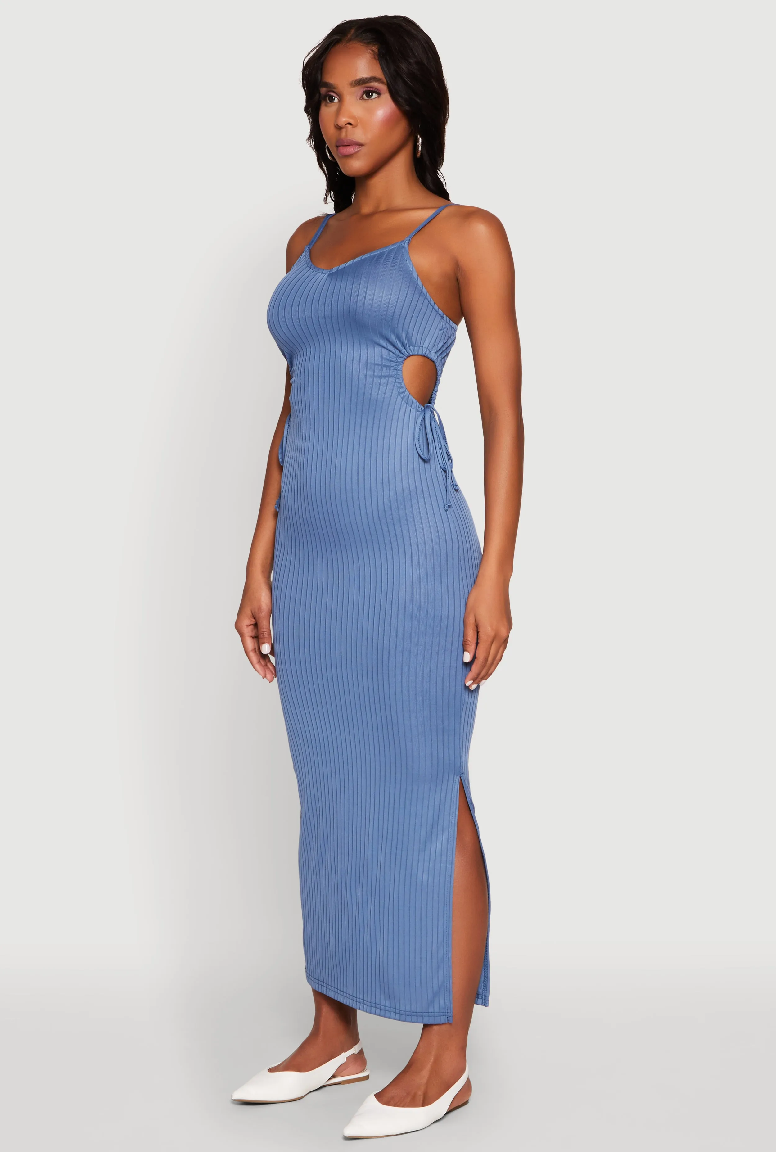 Ribbed Knit Drawstring Cut Out Side Cami Dress sold by Rainbow product image thumbnail 3