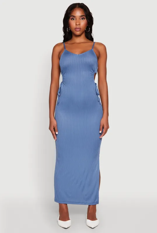 Ribbed Knit Drawstring Cut Out Side Cami Dress sold by Rainbow