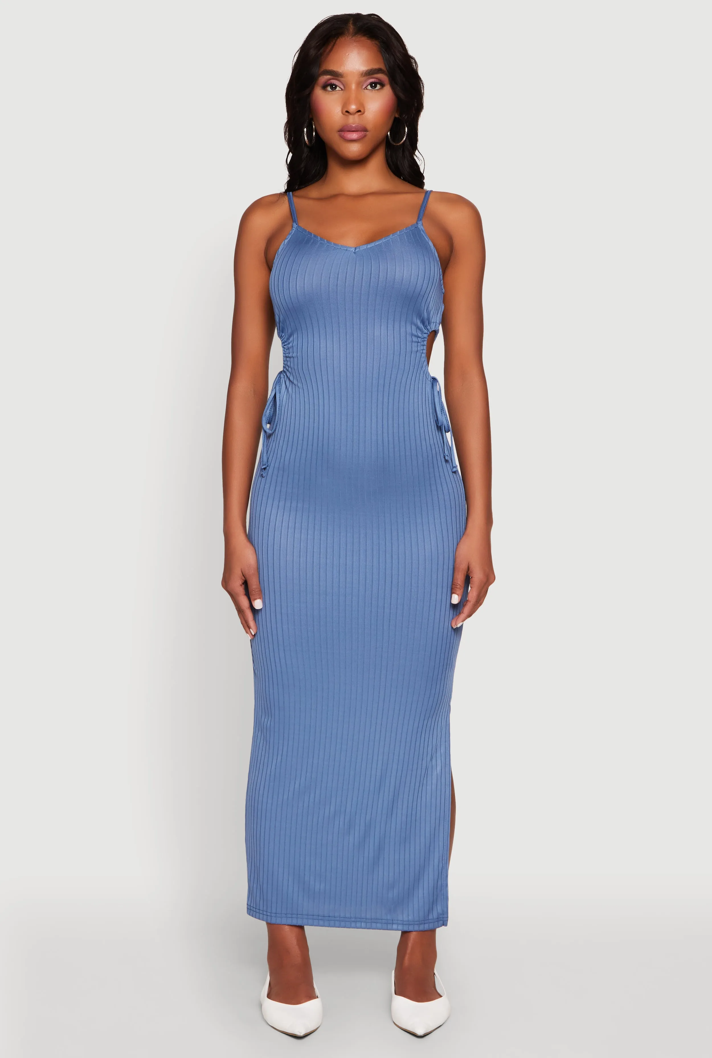 Ribbed Knit Drawstring Cut Out Side Cami Dress sold by Rainbow