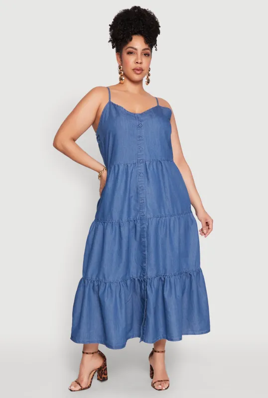 Plus Size Chambray Button Front Tiered Maxi Dress sold by Rainbow