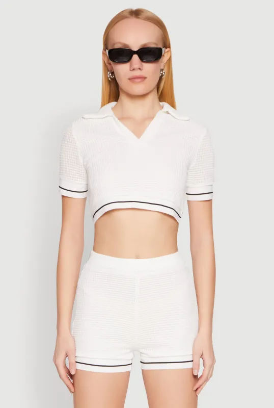 Textured Knit Polo Crop Top sold by Rainbow