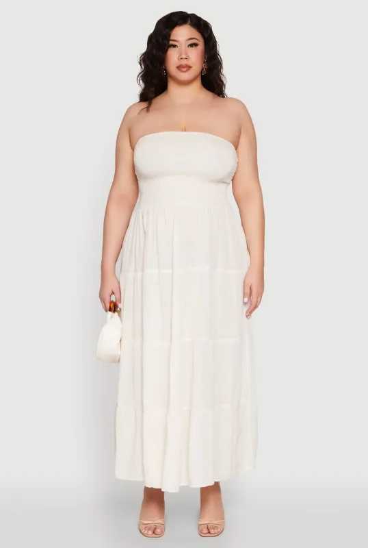 Plus Size Linen Strapless Smocked Tiered Dress sold by Rainbow