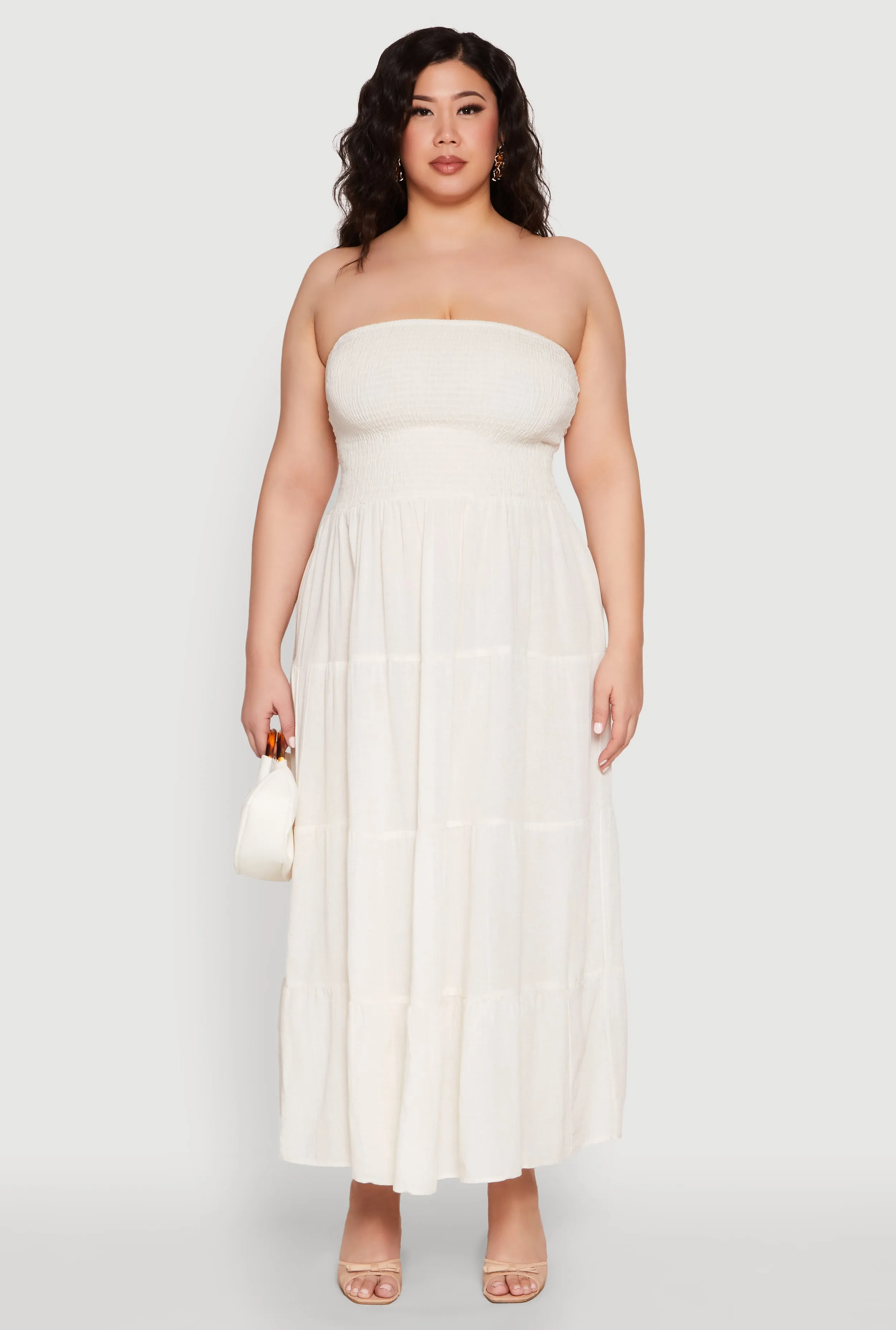 Plus Size Linen Strapless Smocked Tiered Dress sold by Rainbow