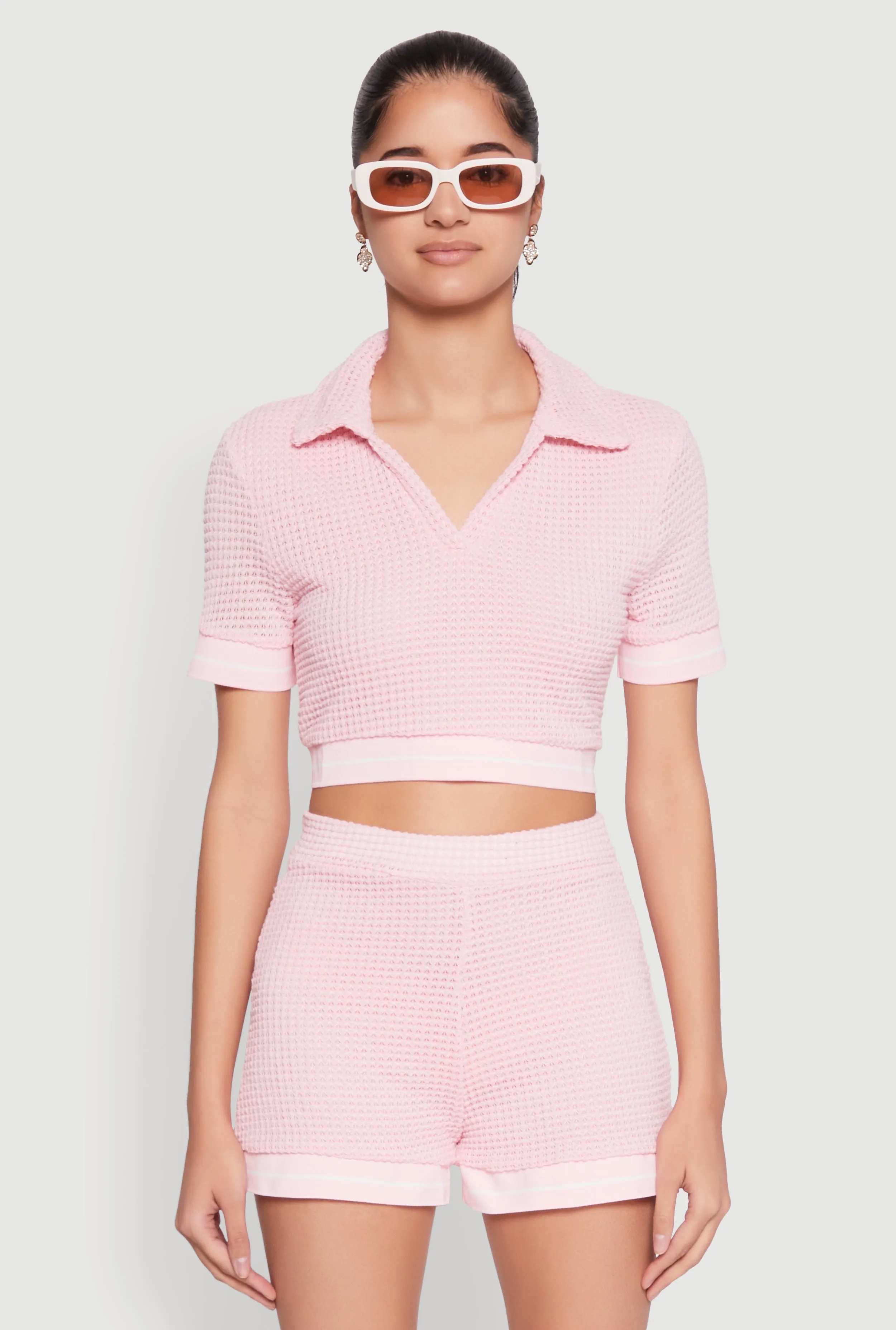 Textured Knit Polo Crop Top sold by Rainbow