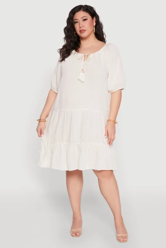 Plus Size Tassel Tie Front Tiered Dress sold by Rainbow