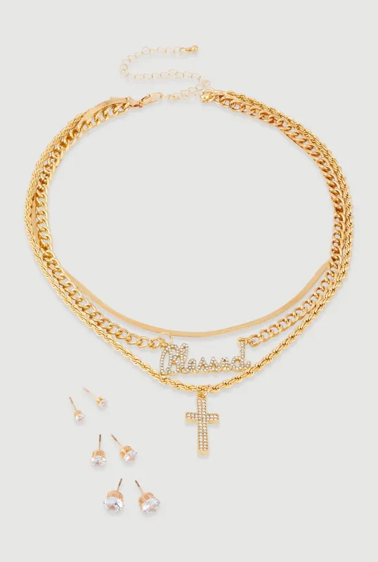 Blessed Cross Layered Necklace with Stud Earring Trio Set sold by Rainbow