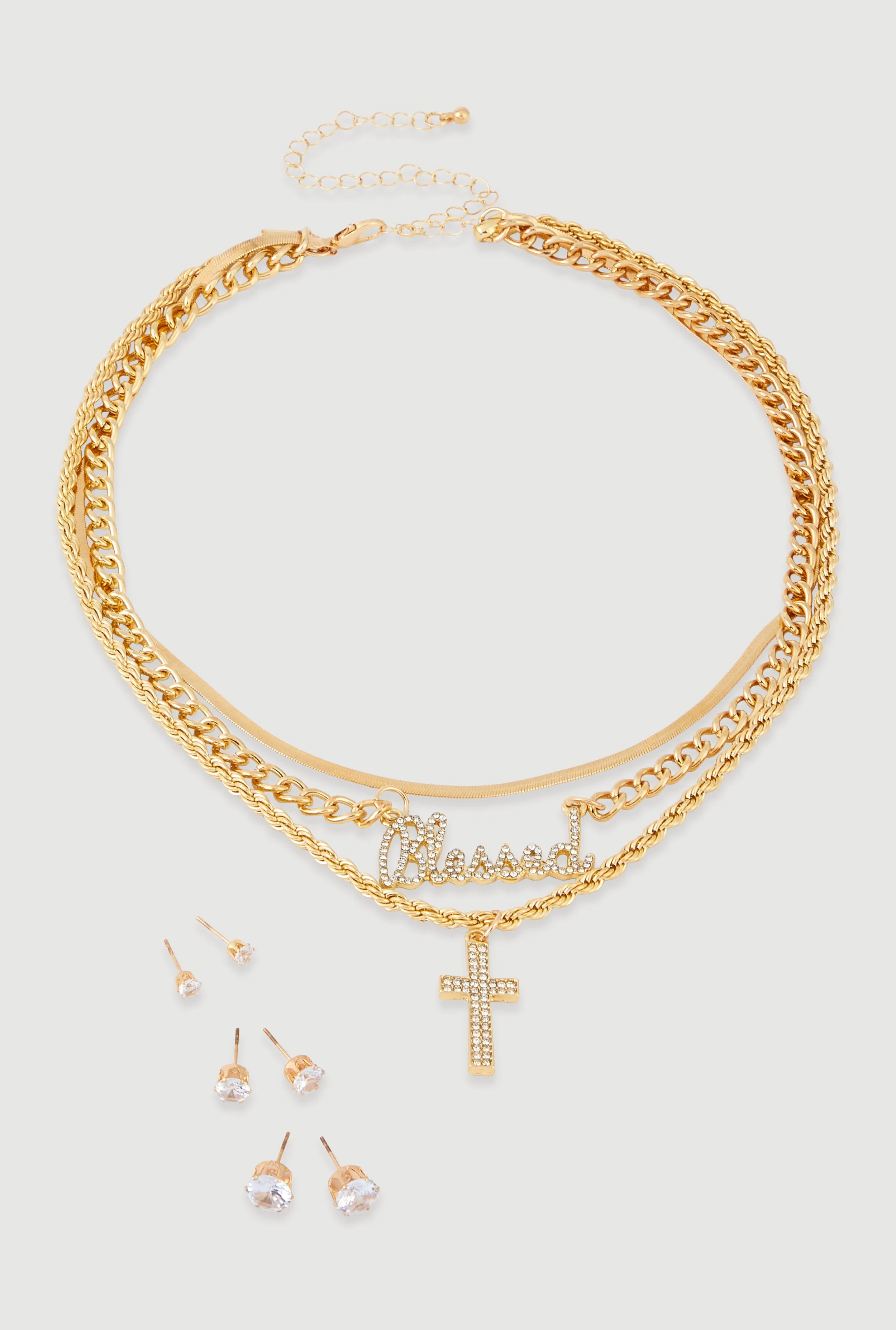 Blessed Cross Layered Necklace with Stud Earring Trio Set sold by Rainbow
