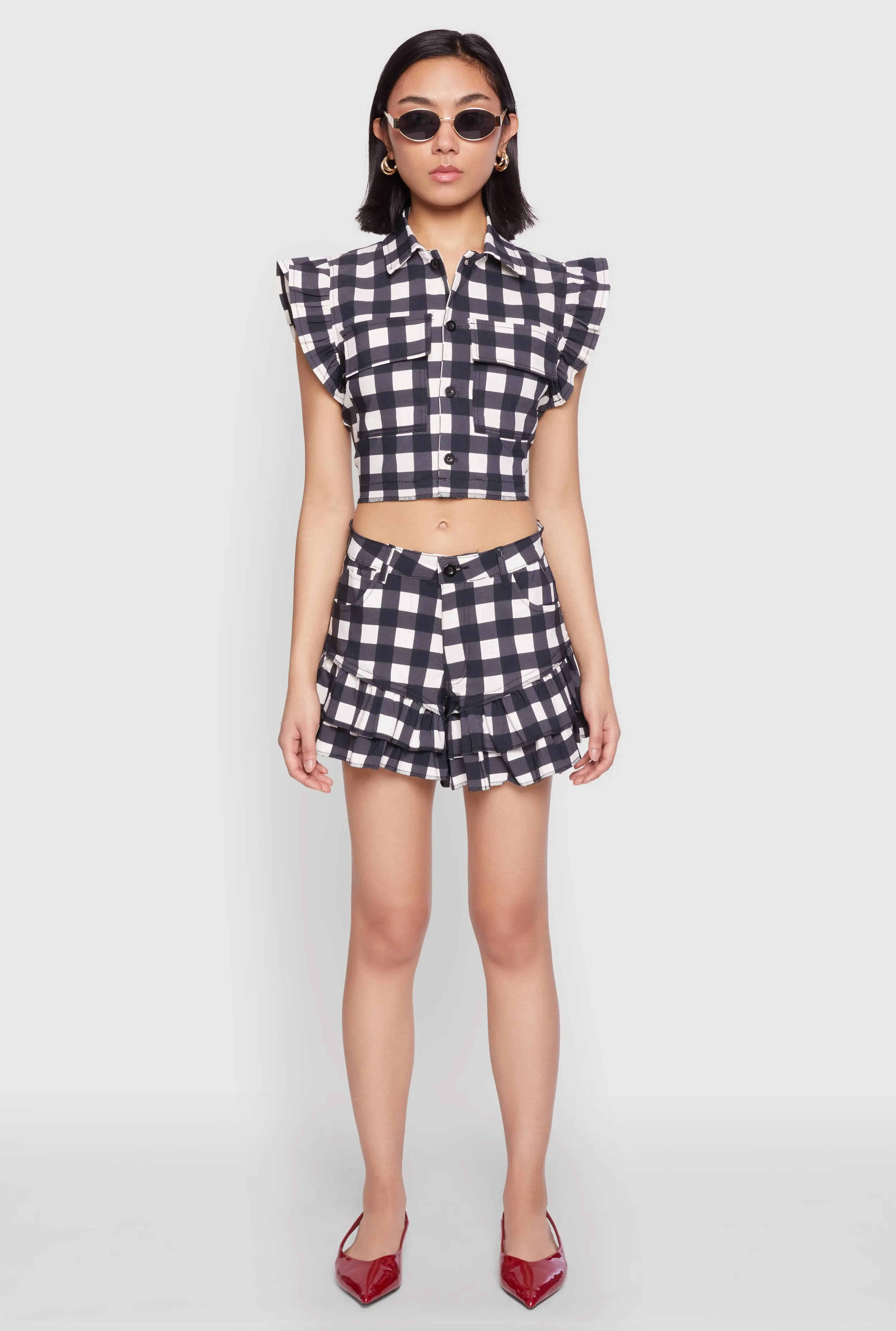 Buffalo Plaid Ruffle Sleeve Cropped Shirt sold by Rainbow product image thumbnail 2