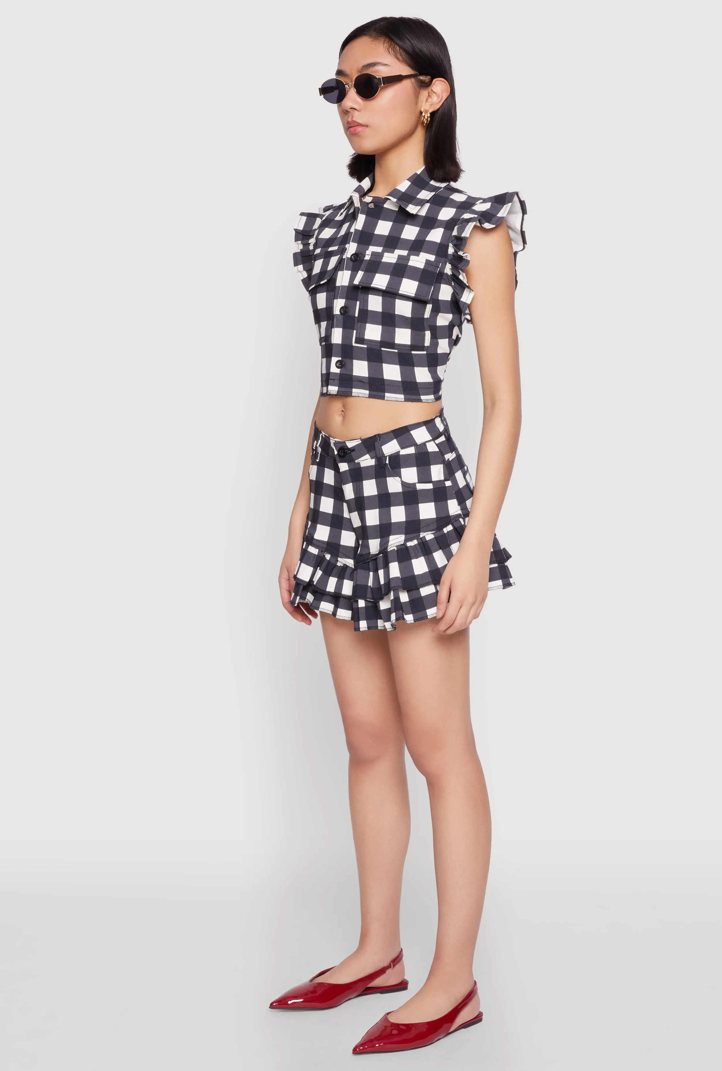 Buffalo Plaid Ruffle Sleeve Cropped Shirt sold by Rainbow product image thumbnail 5