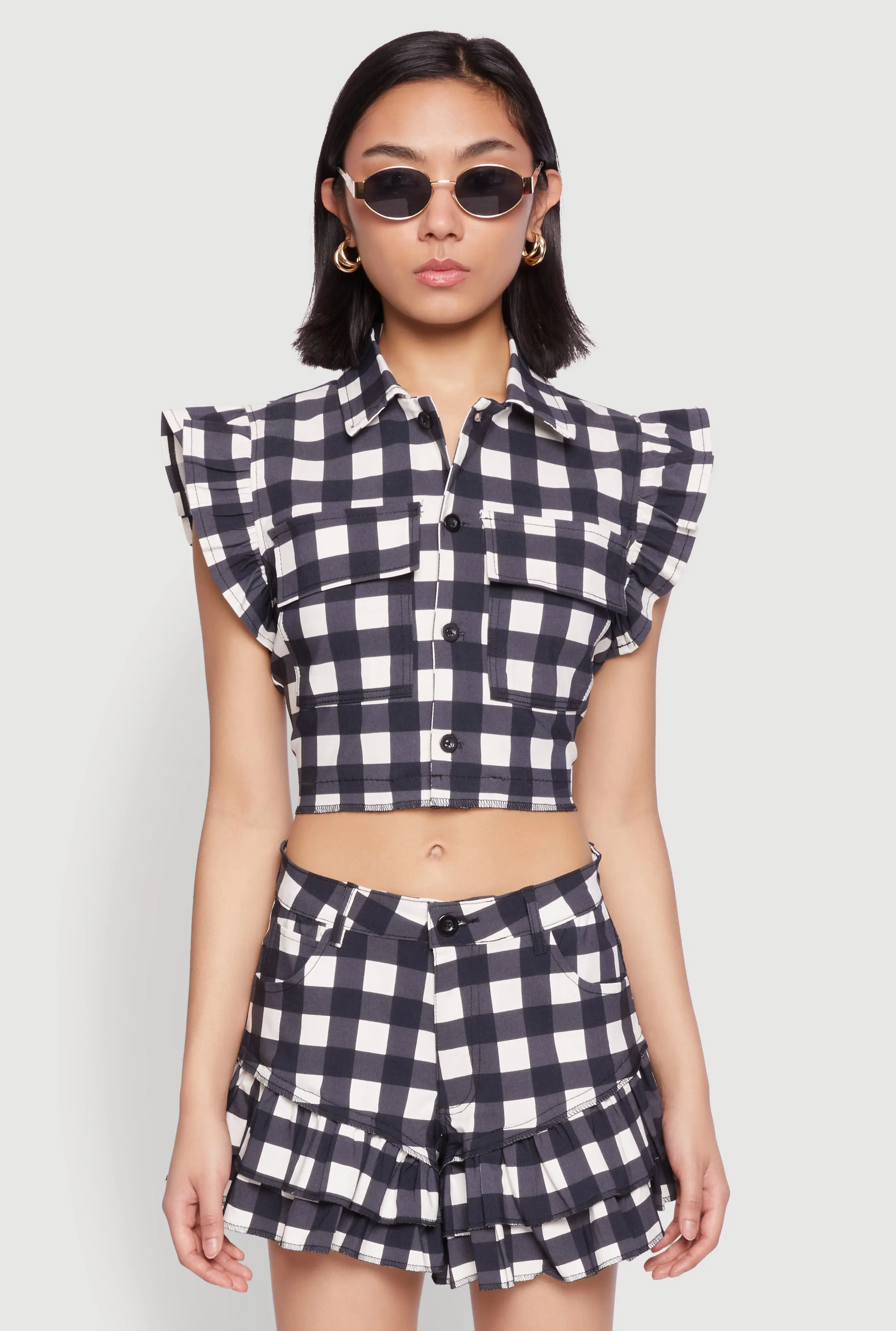 Buffalo Plaid Ruffle Sleeve Cropped Shirt sold by Rainbow