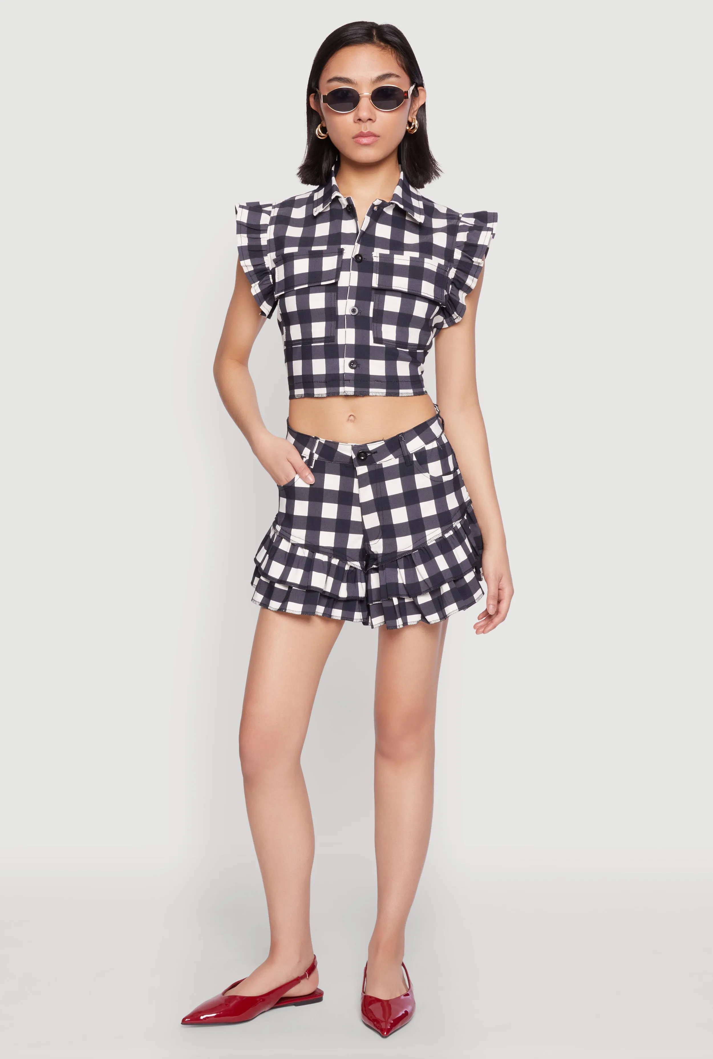 Buffalo Plaid Ruffle Sleeve Cropped Shirt sold by Rainbow product image thumbnail 3