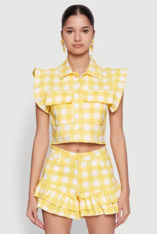 Buffalo Plaid Ruffle Sleeve Cropped Shirt sold by Rainbow