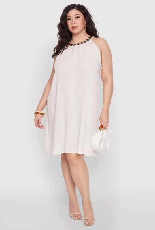 Plus Size Wood Trim Detail Linen Shift Dress sold by Rainbow