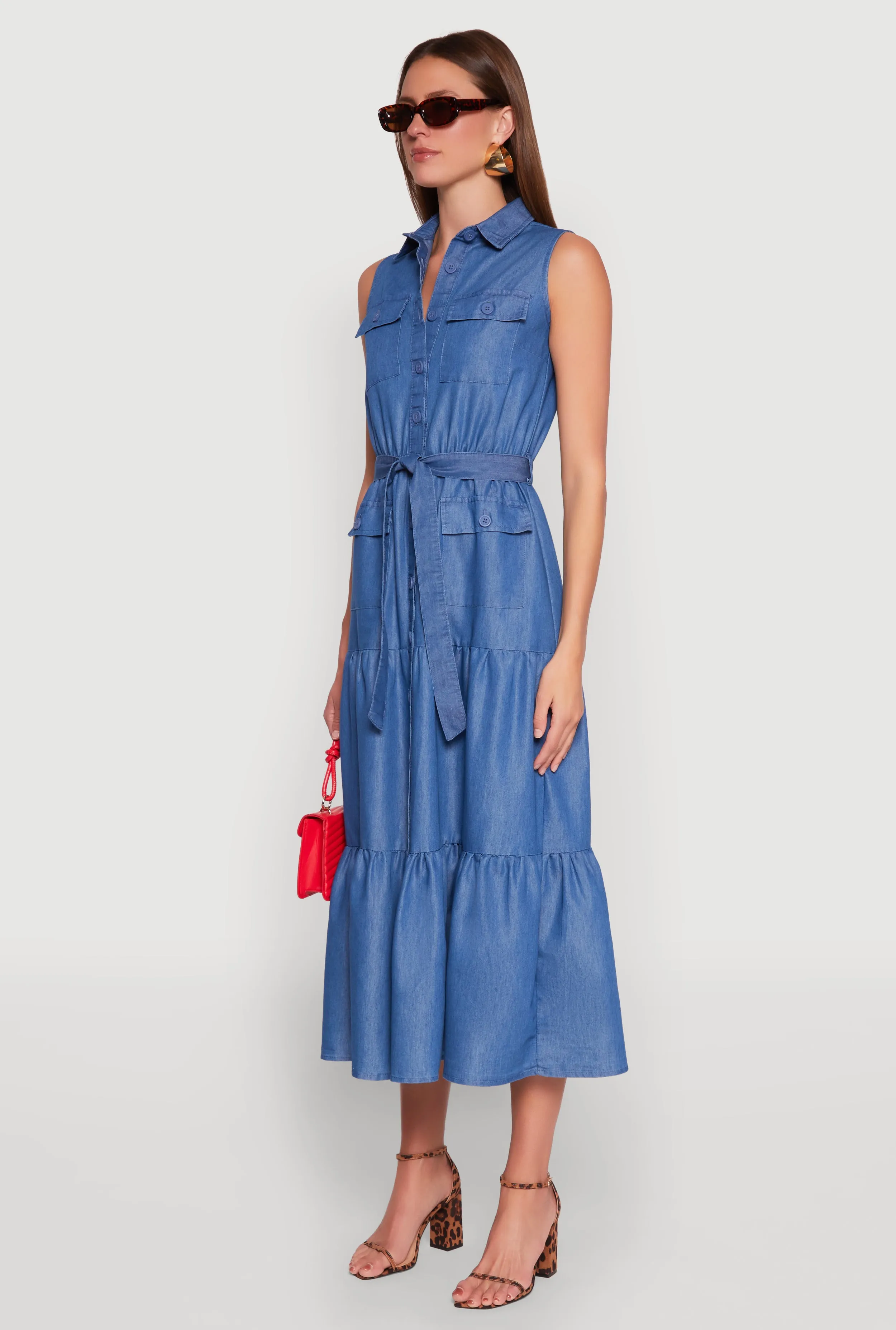 Chambray Sleeveless Tiered Shirt Dress sold by Rainbow product image thumbnail 3