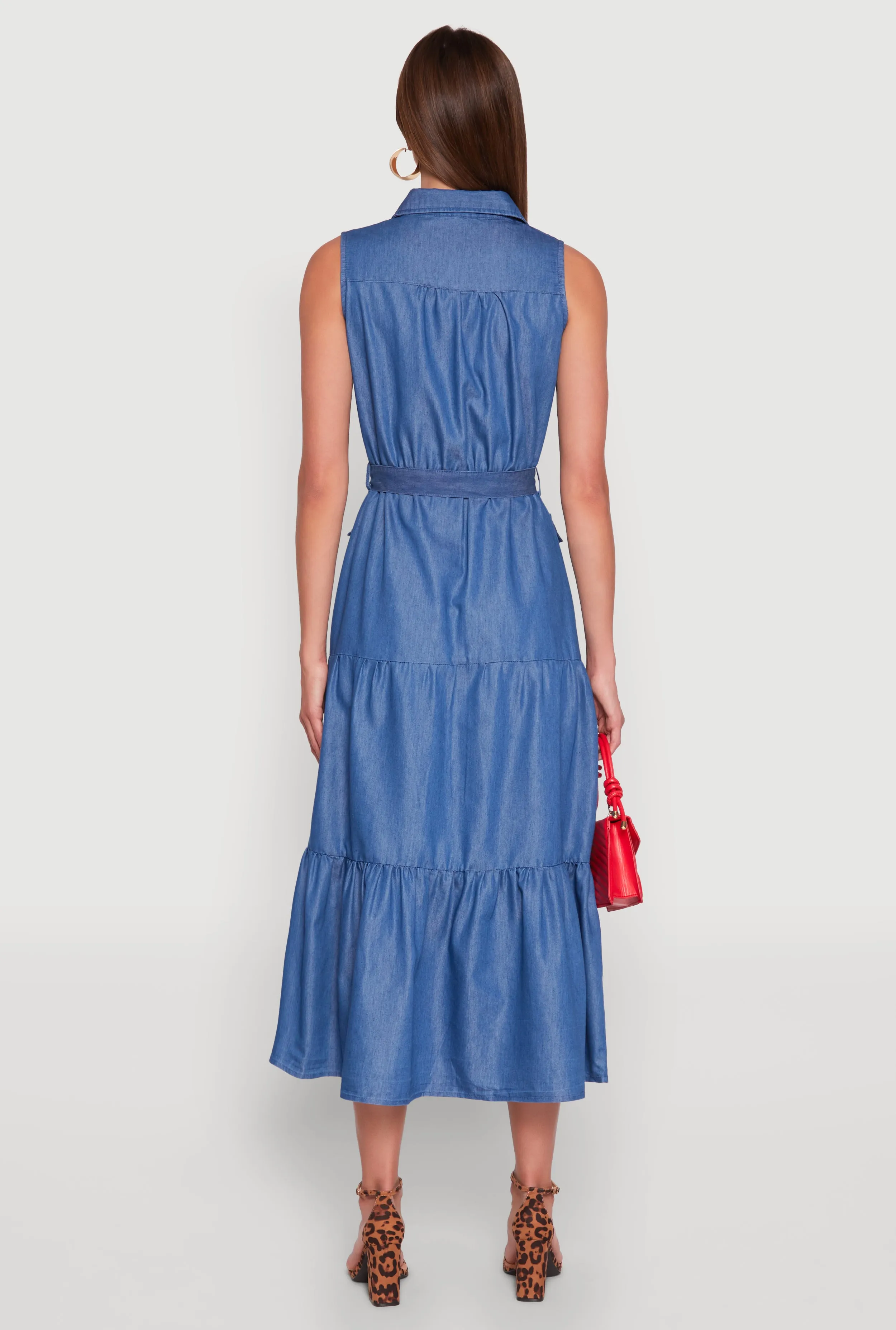 Chambray Sleeveless Tiered Shirt Dress sold by Rainbow product image thumbnail 5