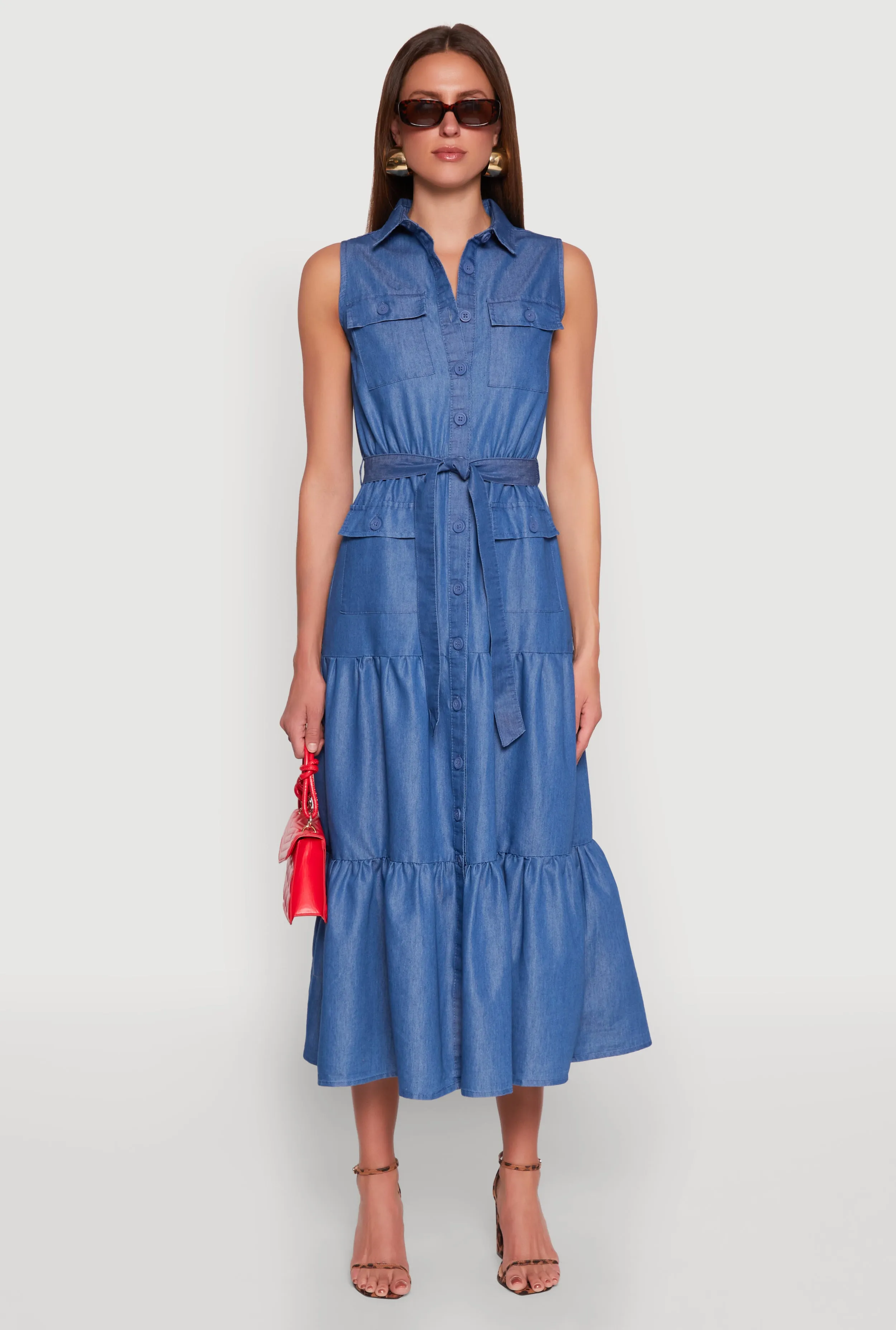 Chambray Sleeveless Tiered Shirt Dress sold by Rainbow product image thumbnail 2