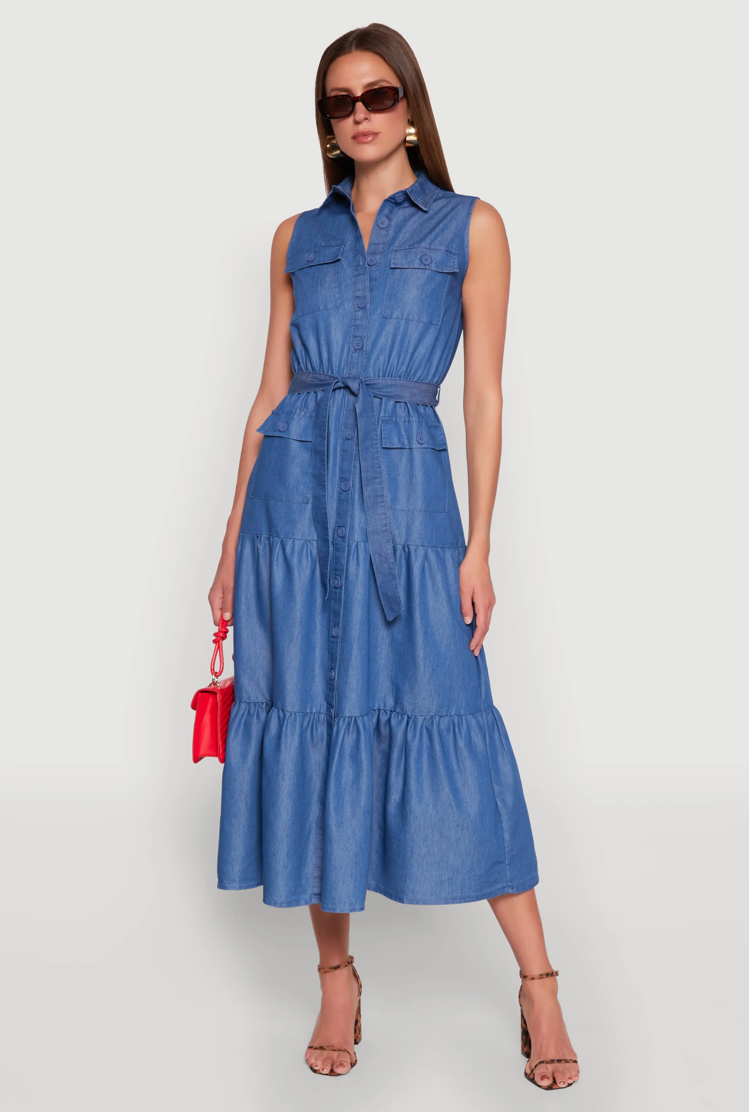 Chambray Sleeveless Tiered Shirt Dress sold by Rainbow