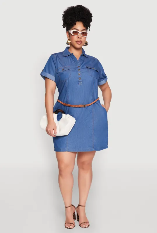Plus Size Chambray Belted Half Button Dress sold by Rainbow