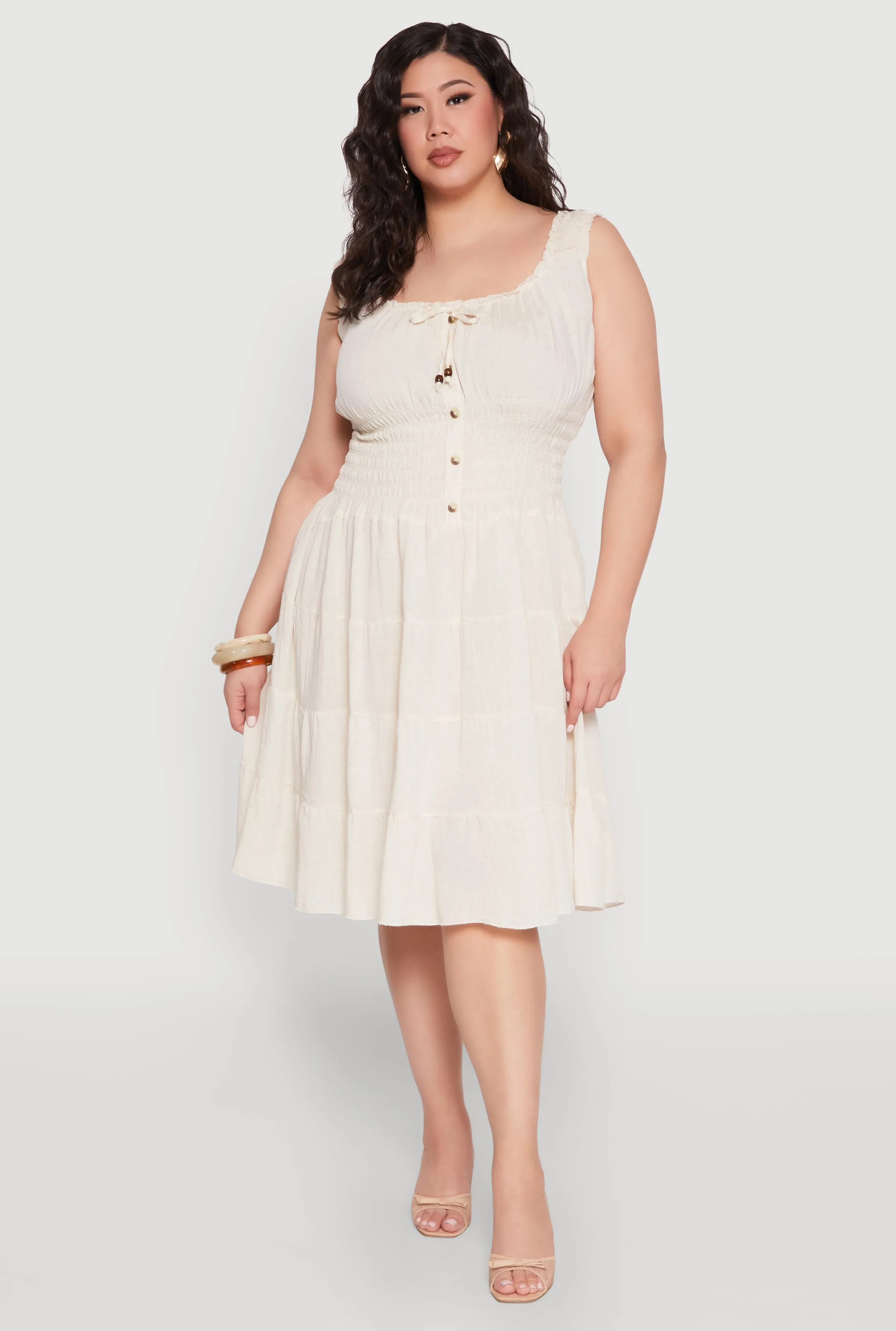 Plus Size Sleeveless Smocked Tiered Midi Dress sold by Rainbow
