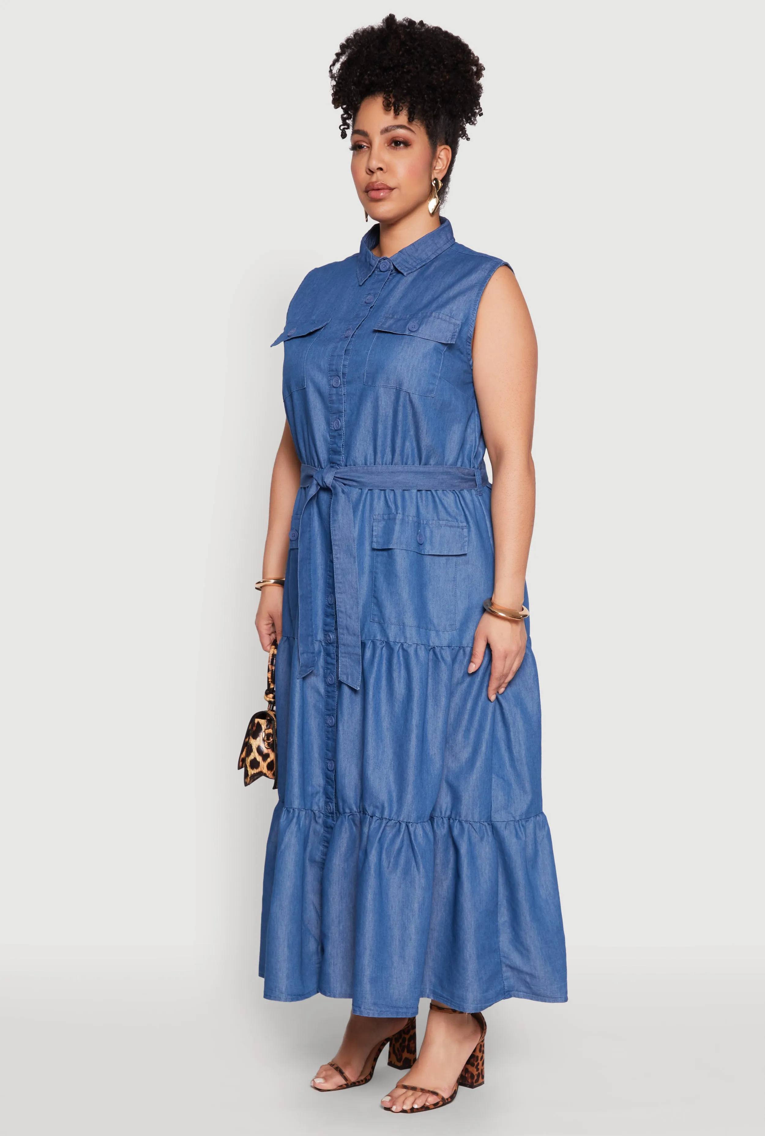 Plus Size Chambray Sleeveless Tiered Shirt Dress sold by Rainbow product image thumbnail 3