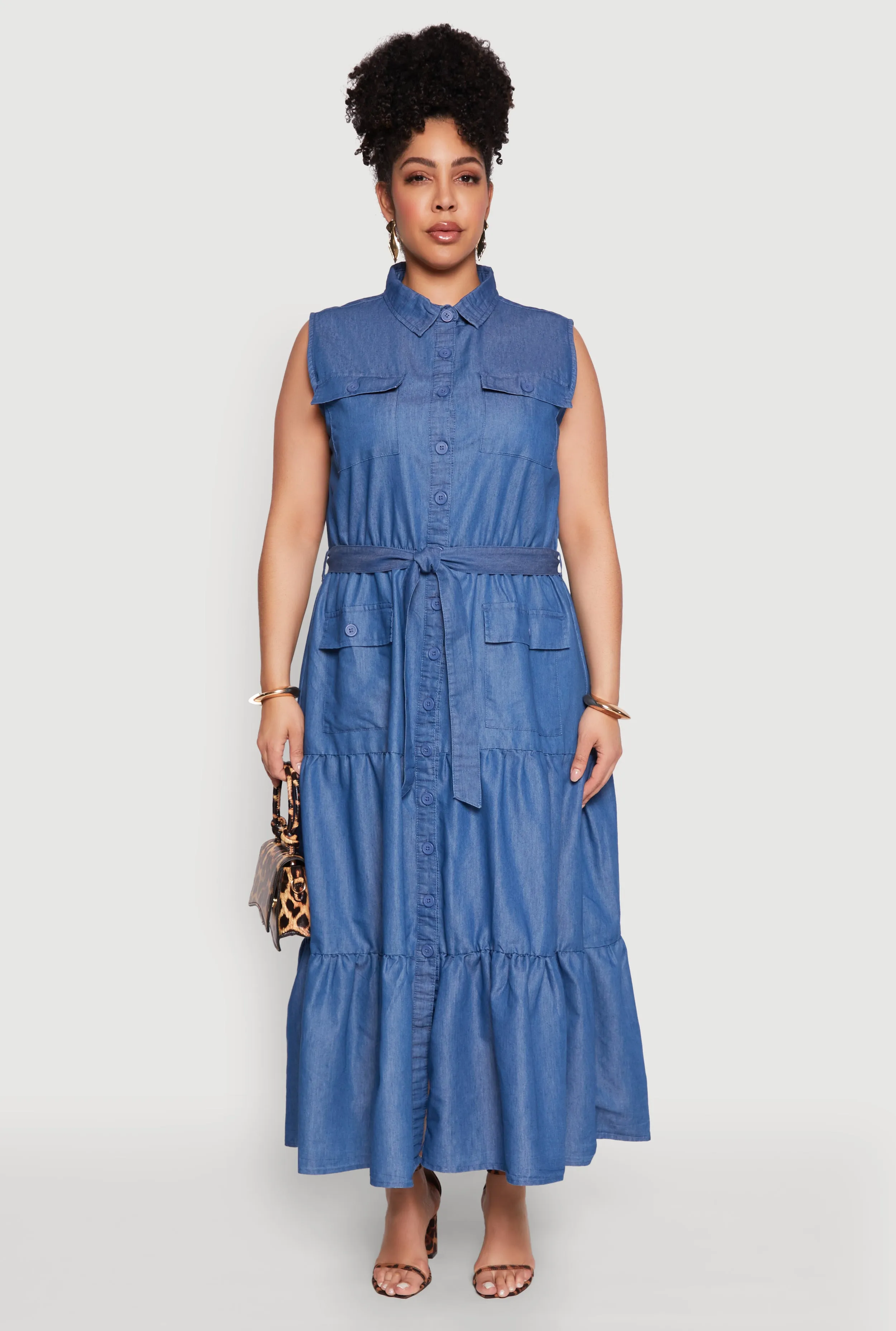 Plus Size Chambray Sleeveless Tiered Shirt Dress sold by Rainbow product image thumbnail 2