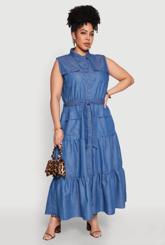 Plus Size Chambray Sleeveless Tiered Shirt Dress sold by Rainbow