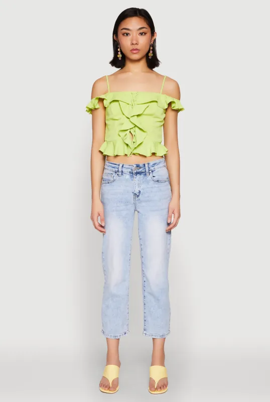 Iris Ruffled Cold Shoulder Crop Top sold by Rainbow