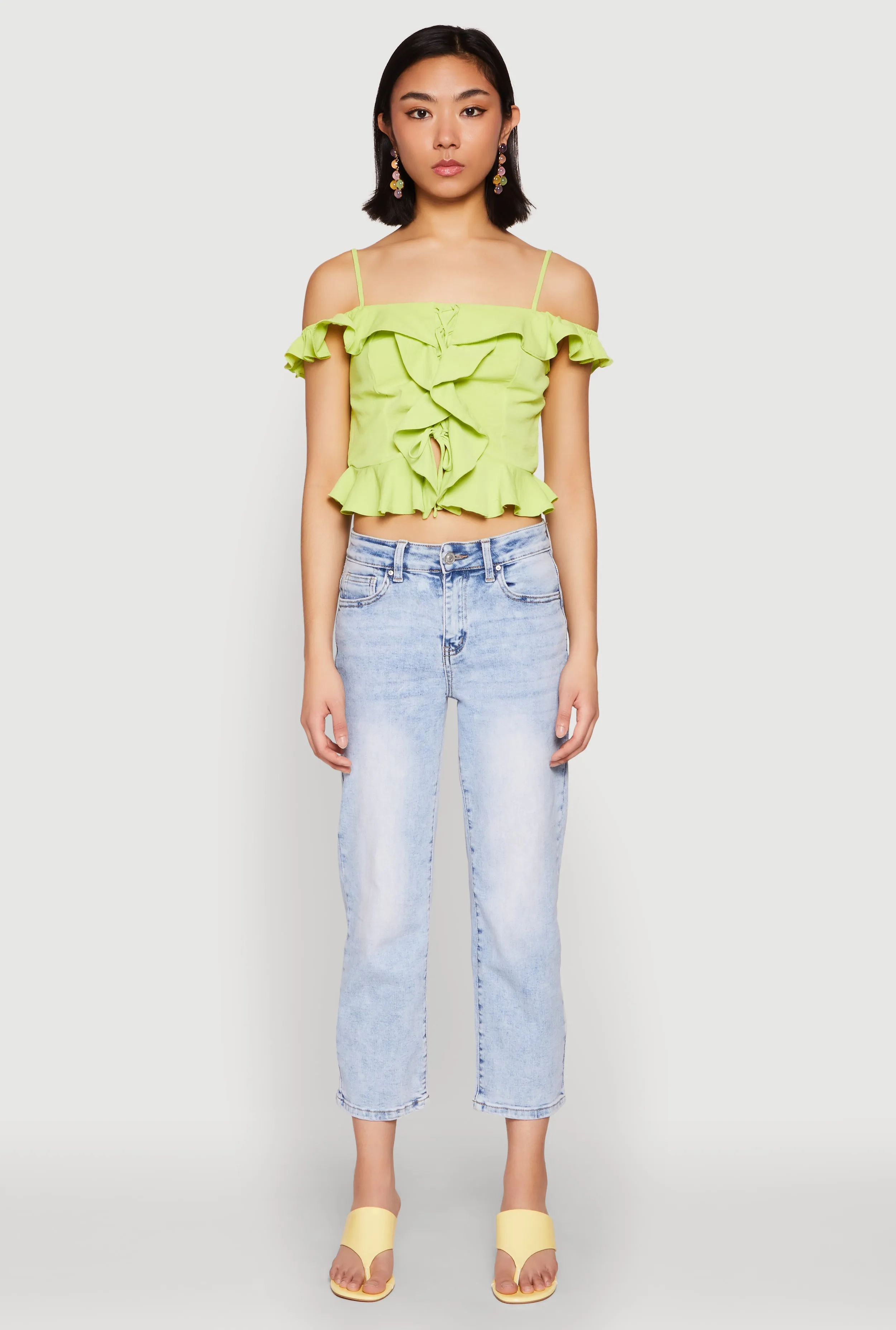 Iris Ruffled Cold Shoulder Crop Top sold by Rainbow