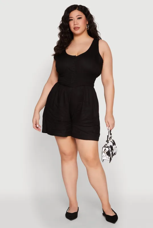 Plus Size Smocked Half Button Romper sold by Rainbow