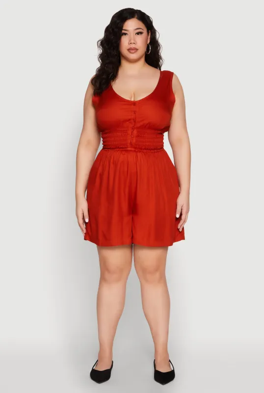 Plus Size Smocked Half Button Romper sold by Rainbow