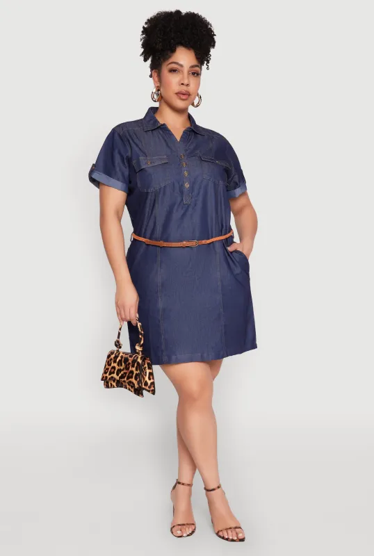 Plus Size Chambray Belted Half Button Dress sold by Rainbow