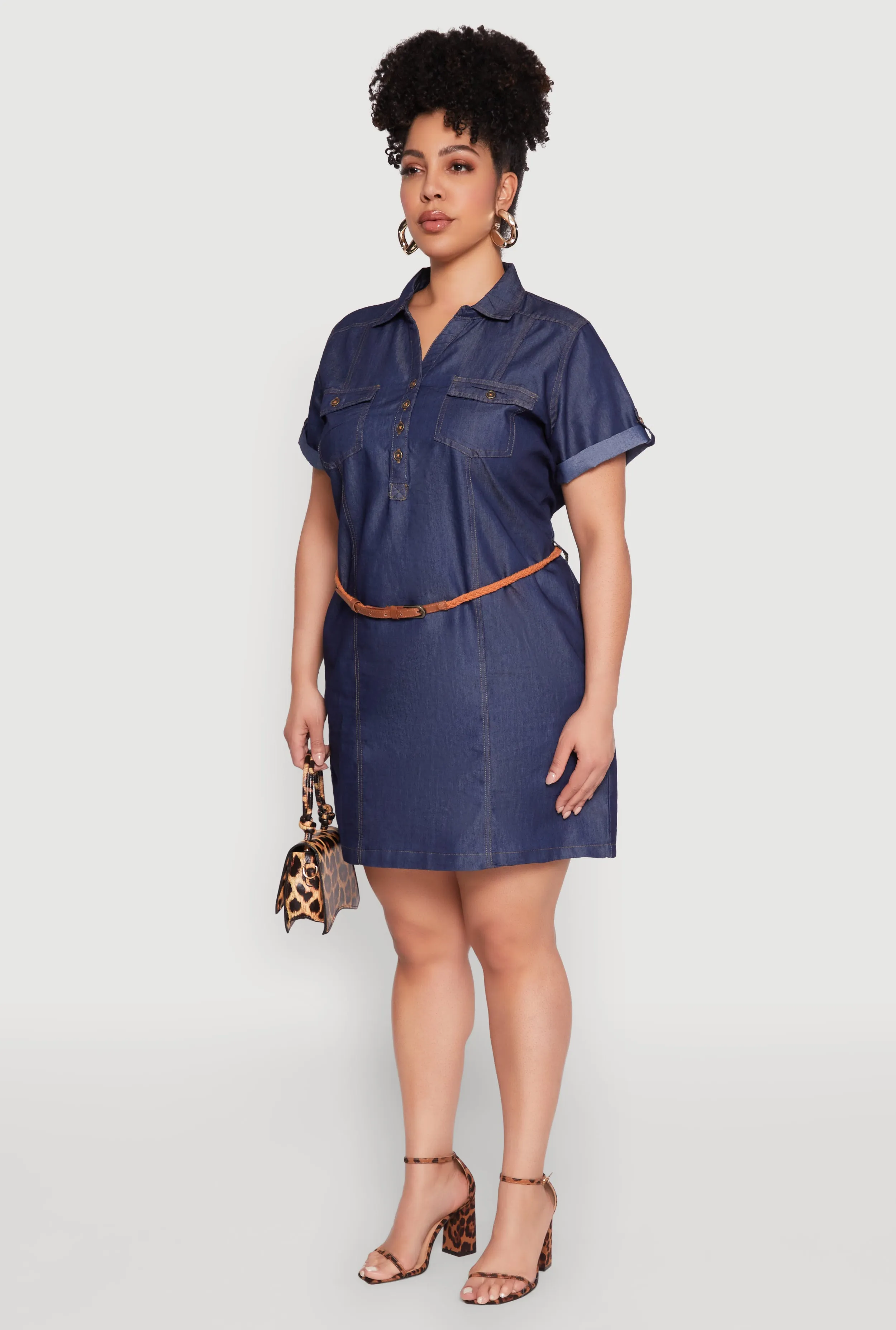 Plus Size Chambray Belted Half Button Dress sold by Rainbow product image thumbnail 3