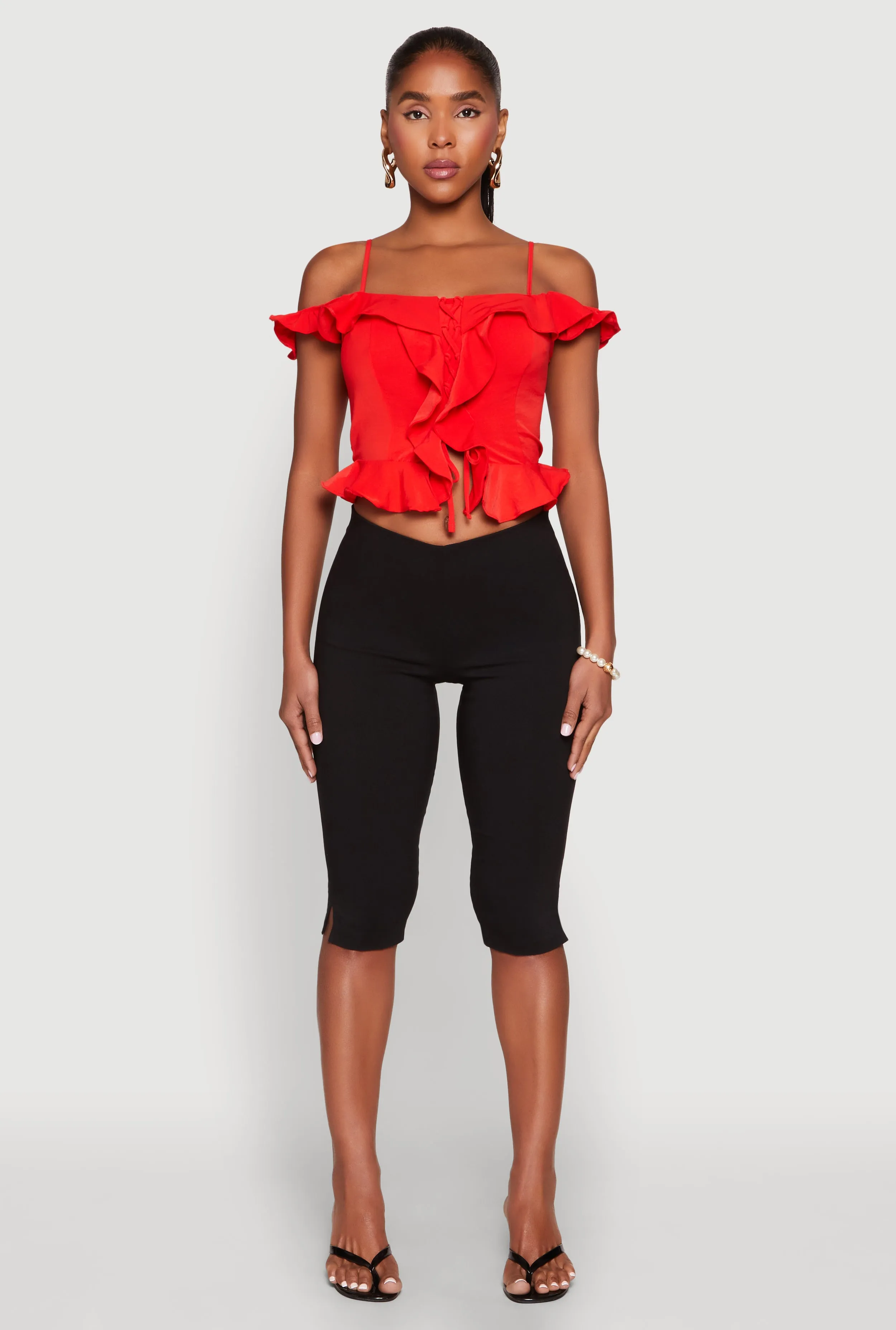 Iris Ruffled Cold Shoulder Crop Top sold by Rainbow