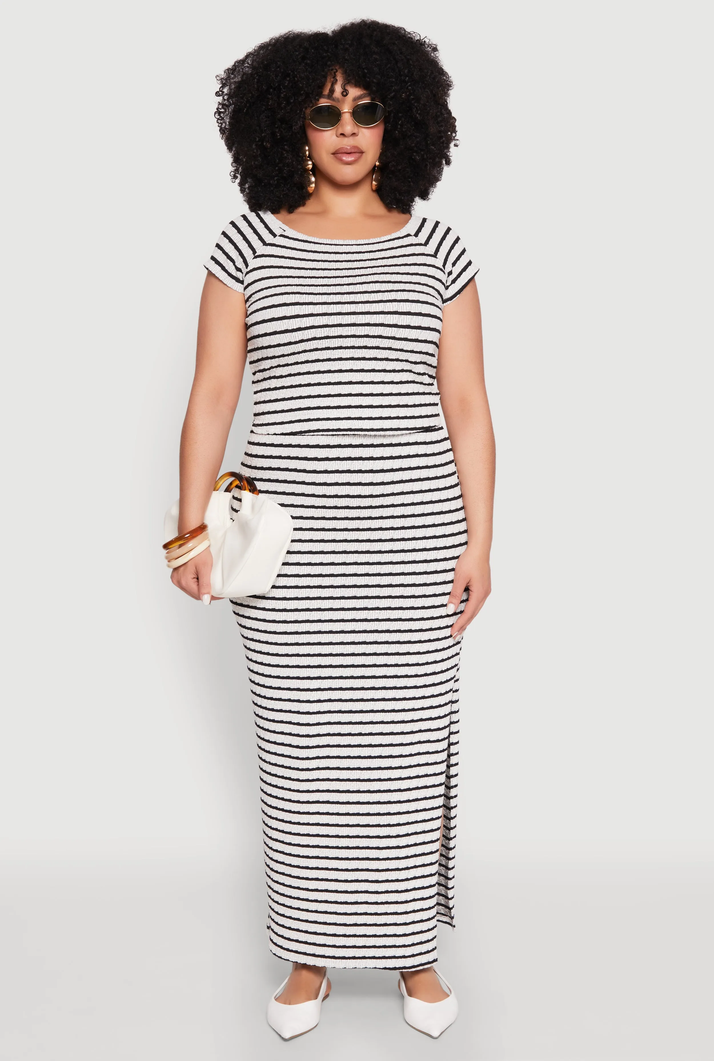 Plus Size Almost Famous Textured Knit Striped Side Slit Skirt sold by Rainbow