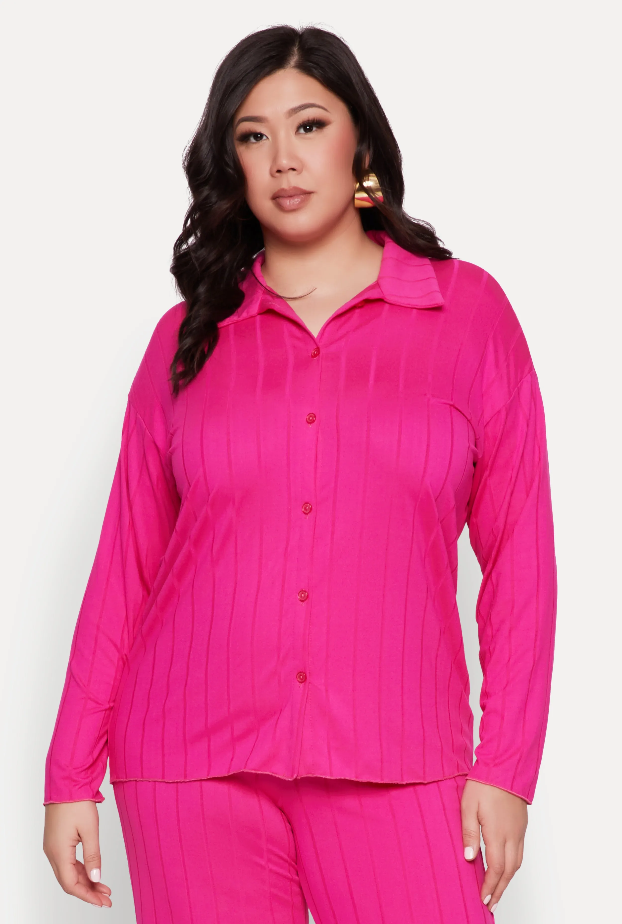 Plus Size Ribbed Knit Button Front Shirt sold by Rainbow