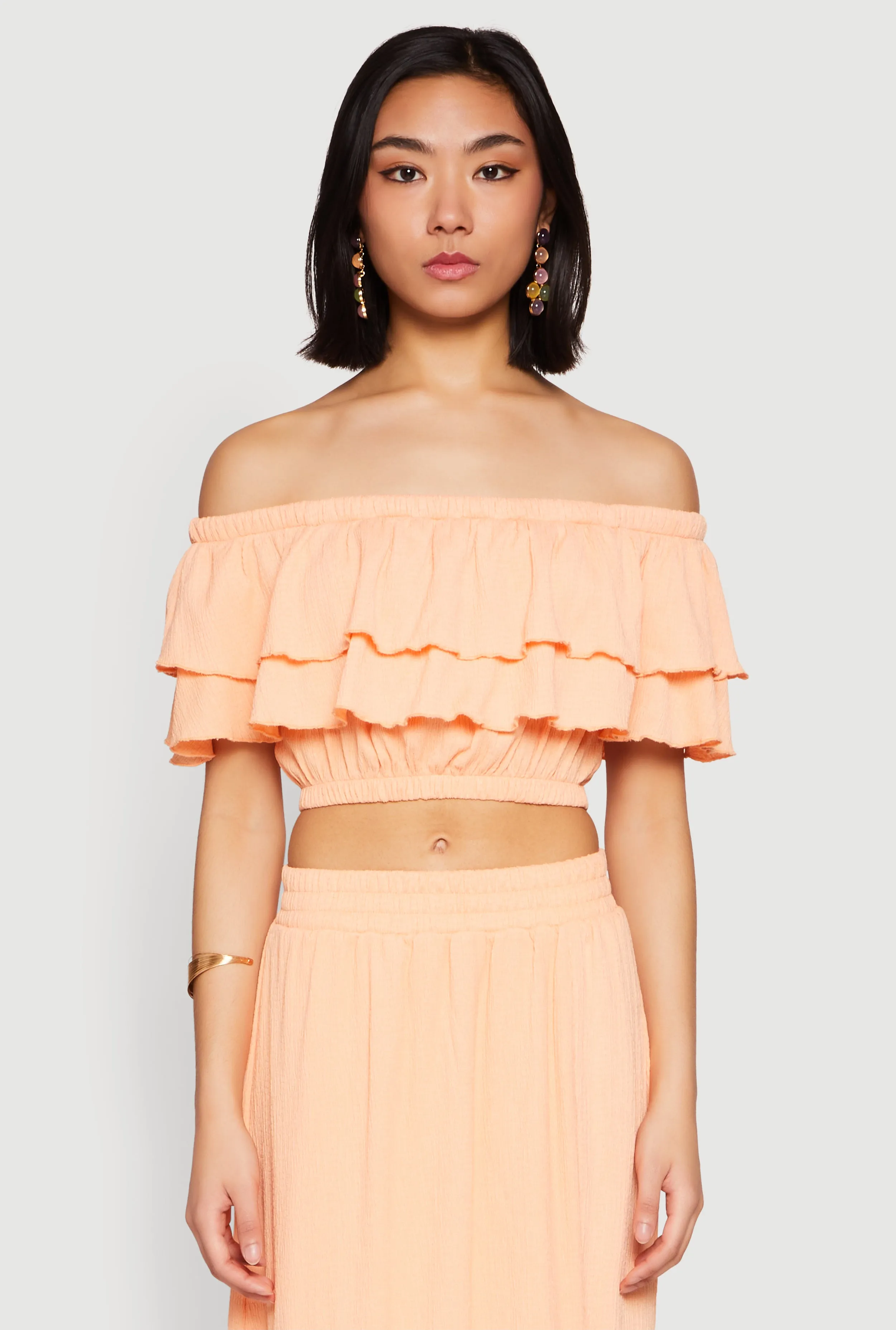Tiered Off the Shoulder Crop Top sold by Rainbow