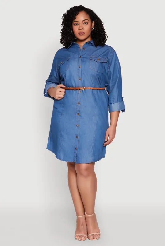 Plus Size Chambray Belted Shirt Dress sold by Rainbow