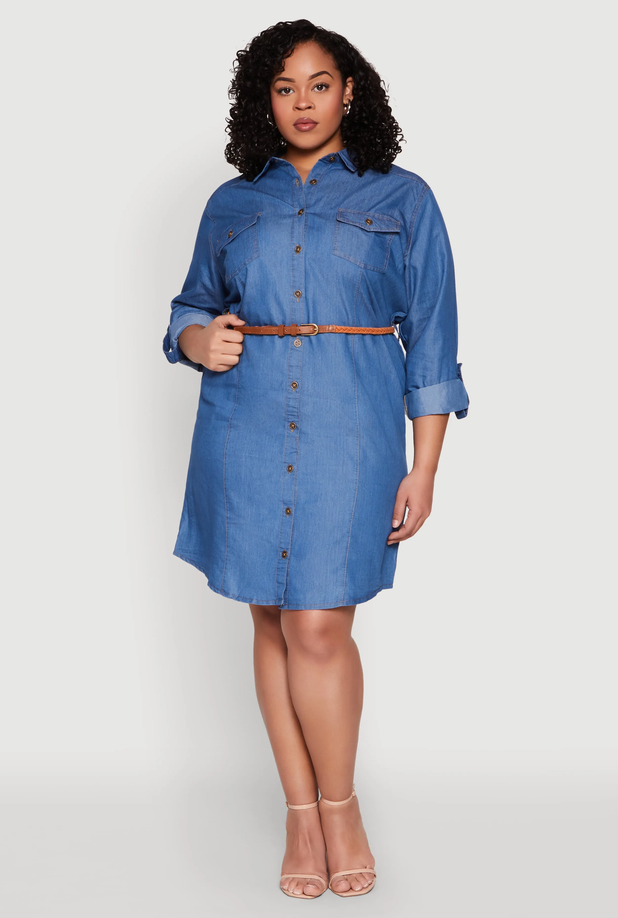 Plus Size Chambray Belted Shirt Dress sold by Rainbow