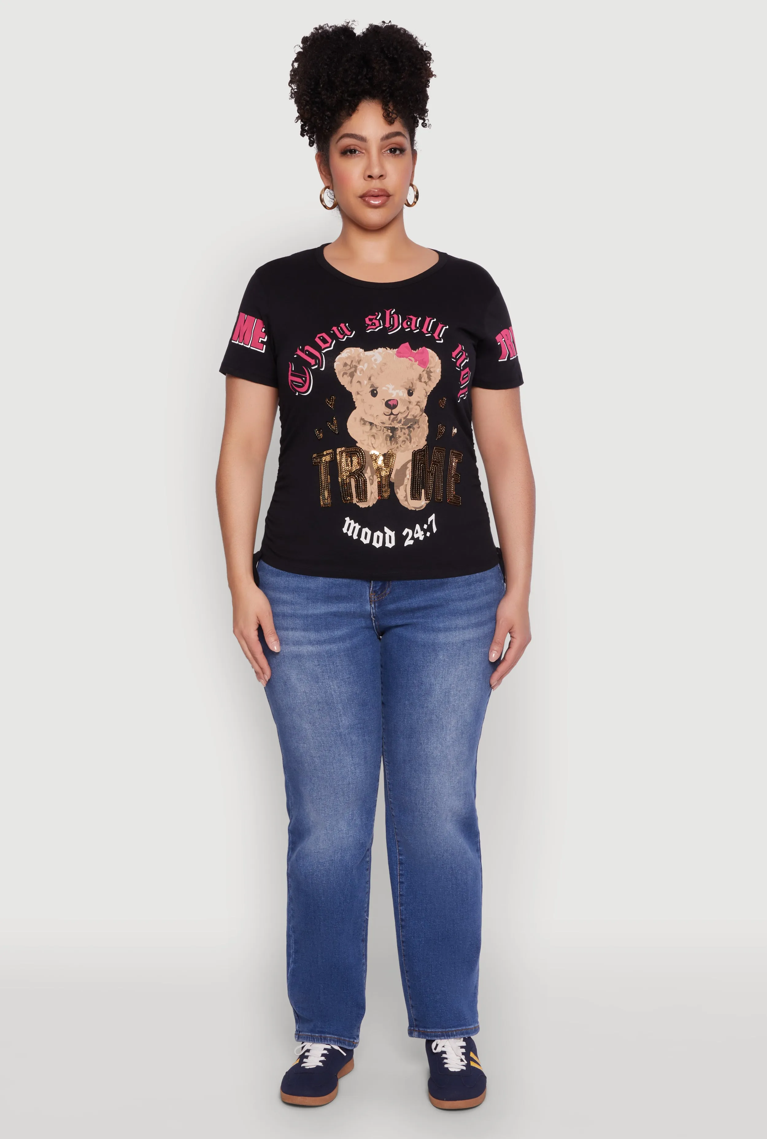 Plus Size Thou Shall Not Try Me Bear Graphic Top sold by Rainbow