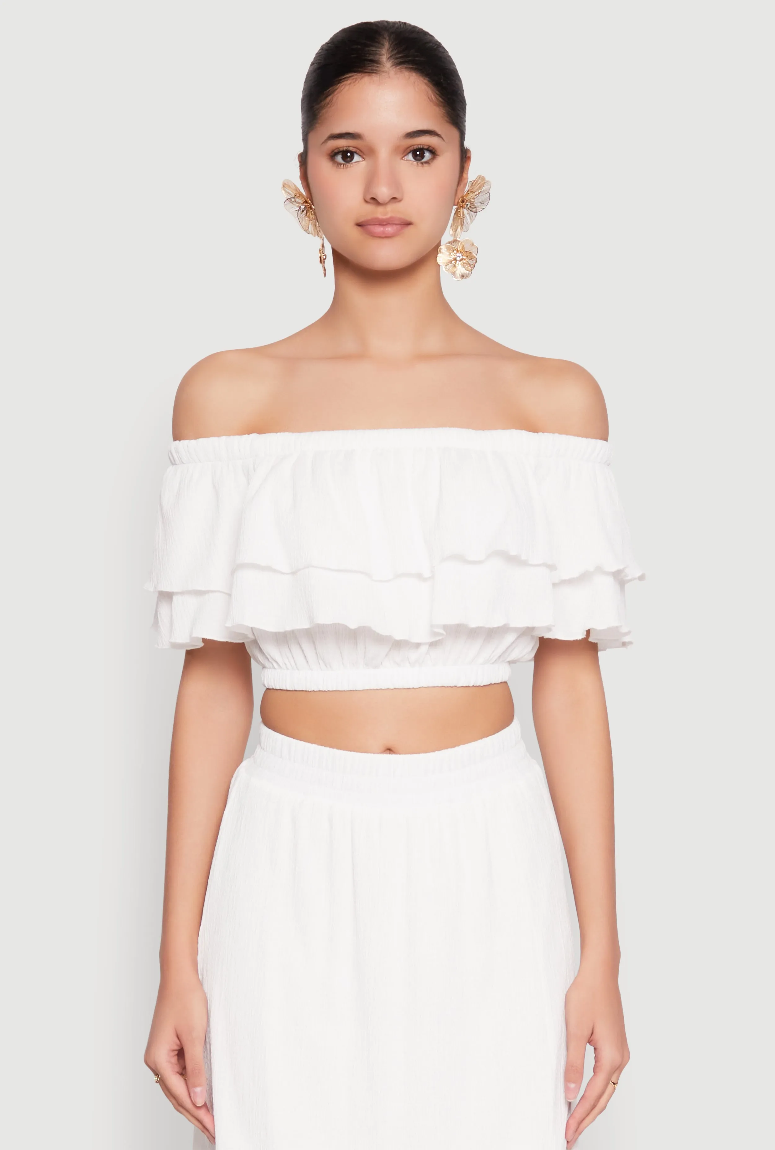 Tiered Off the Shoulder Crop Top sold by Rainbow