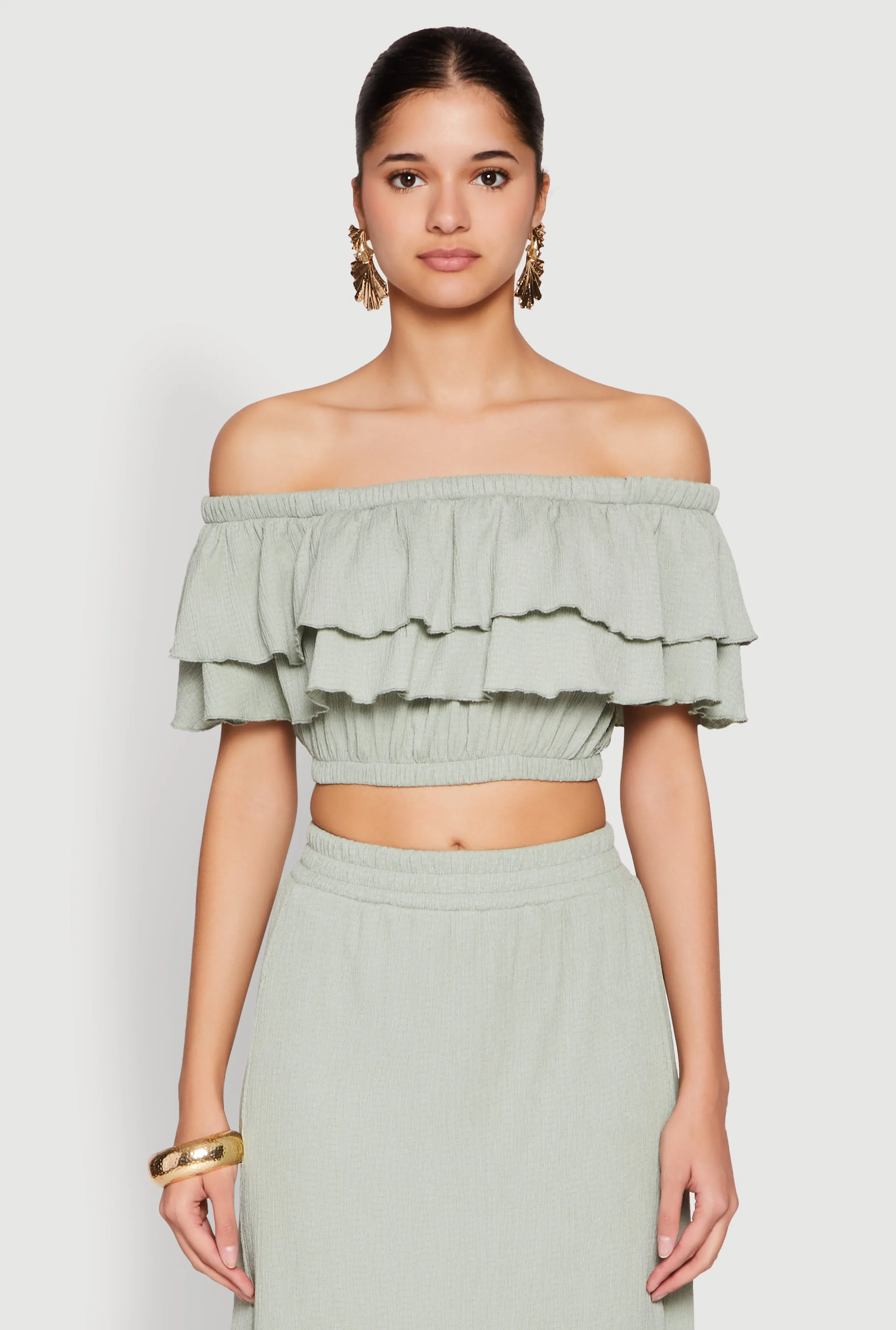 Tiered Off the Shoulder Crop Top sold by Rainbow