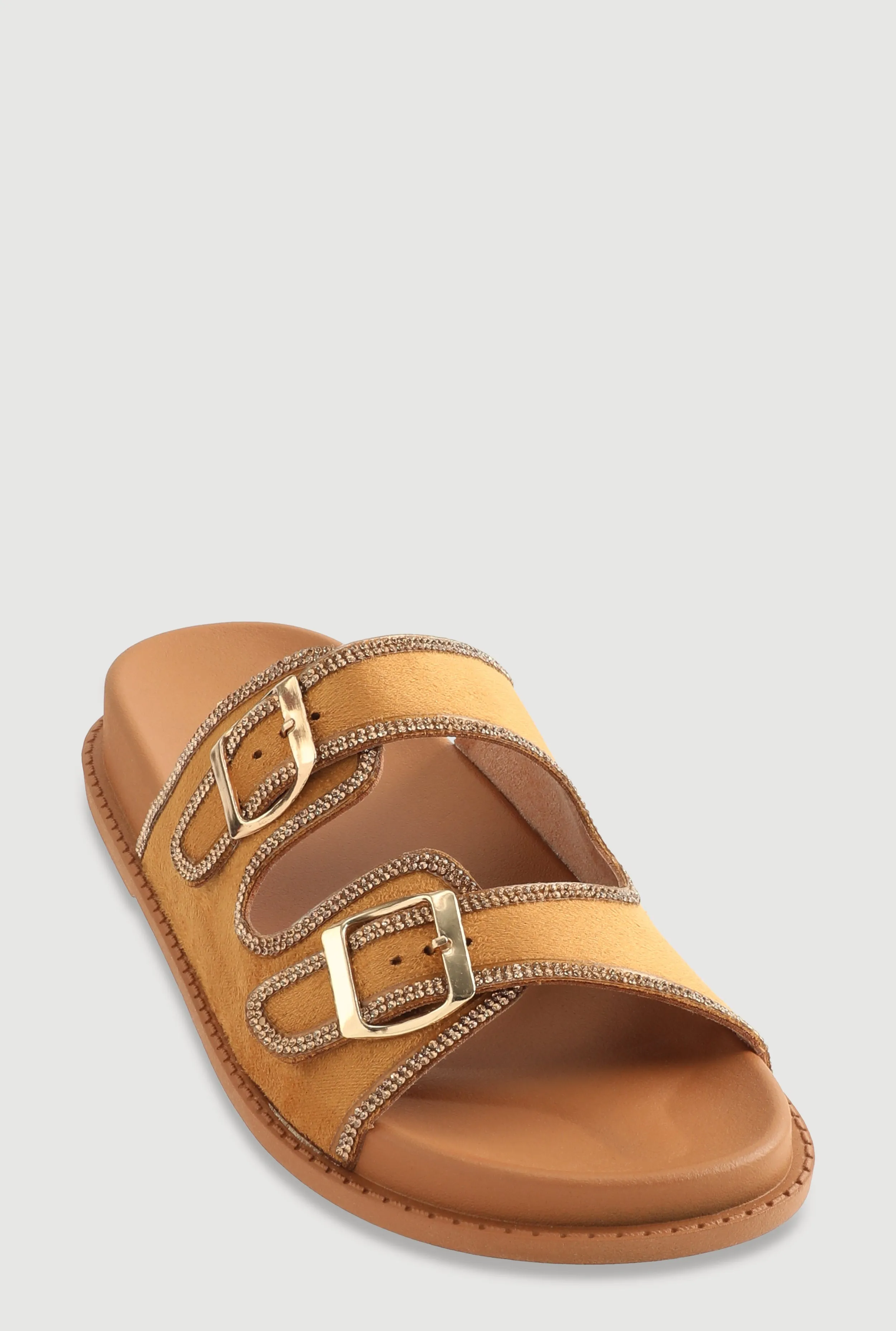 Double Buckle Band Studded Trim Slide Sandals sold by Rainbow