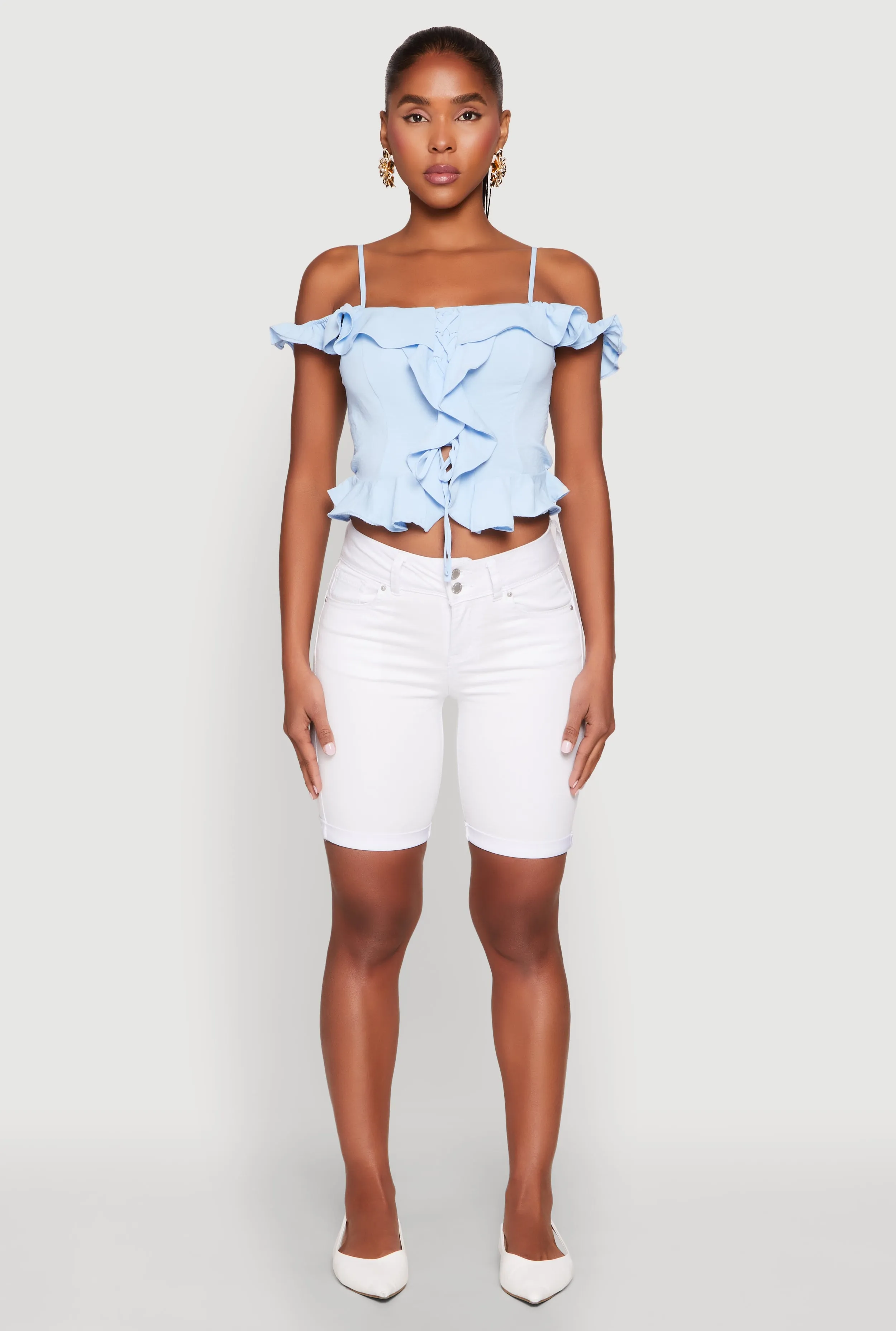 Iris Ruffled Cold Shoulder Crop Top sold by Rainbow