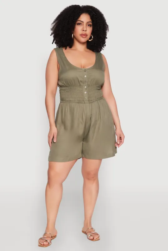 Plus Size Smocked Half Button Romper sold by Rainbow