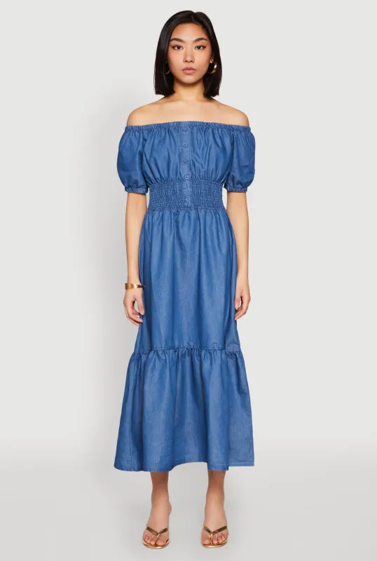 Chambray Smocked Off The Shoulder Maxi Dress sold by Rainbow