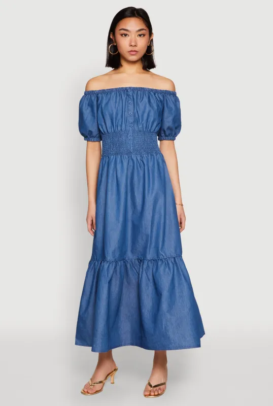 Chambray Smocked Off The Shoulder Maxi Dress sold by Rainbow