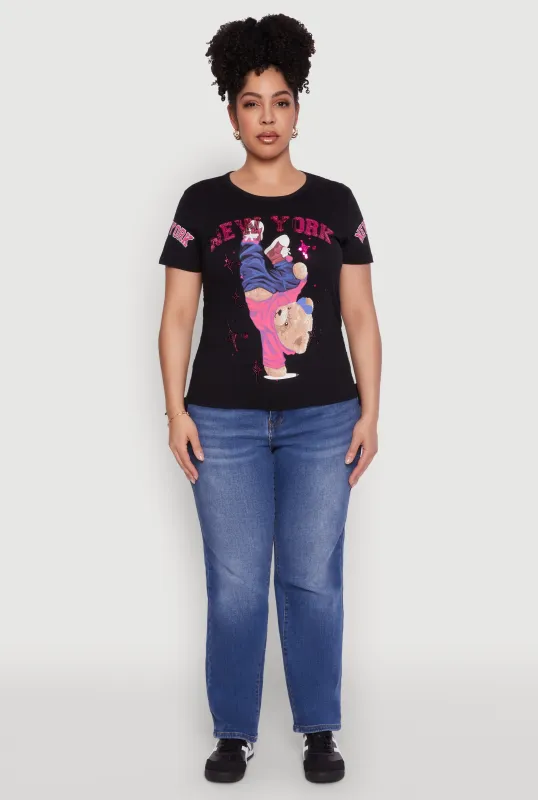 Plus Size New York Sequin Bear Graphic Top sold by Rainbow
