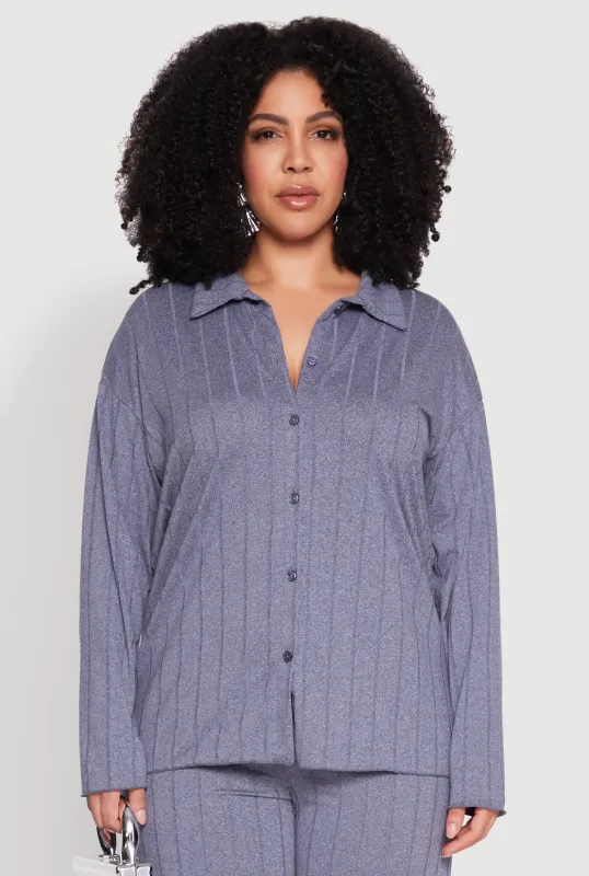Plus Size Ribbed Knit Button Front Shirt sold by Rainbow