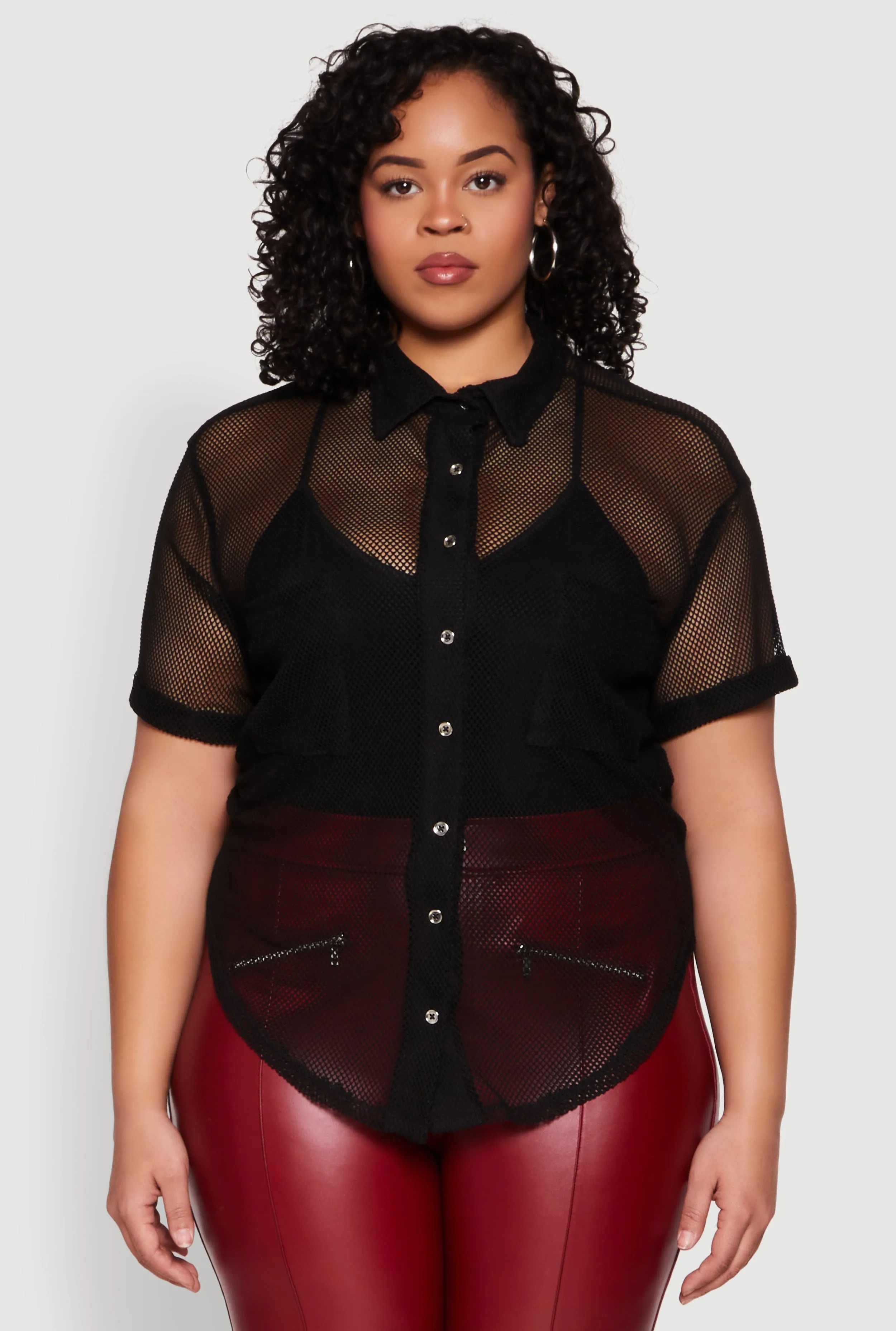 Plus Size Fishnet Short Sleeve Button Front Shirt sold by Rainbow product image thumbnail 2